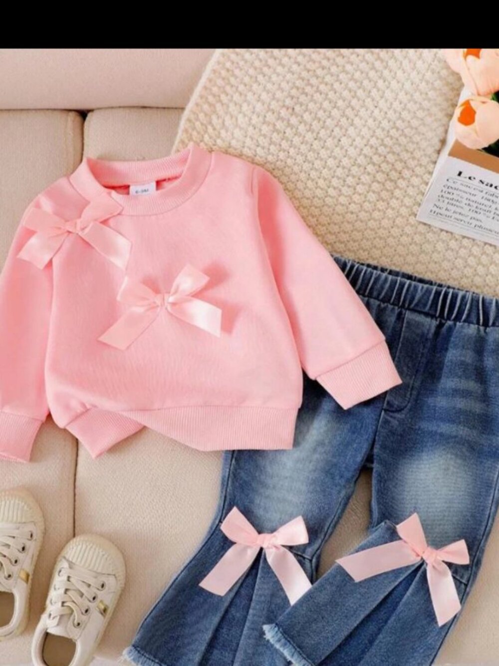 New 2pcs Baby Girls Casual Set: Bow Decor Round Neck Long Sleeve Sz  18-24 Mo